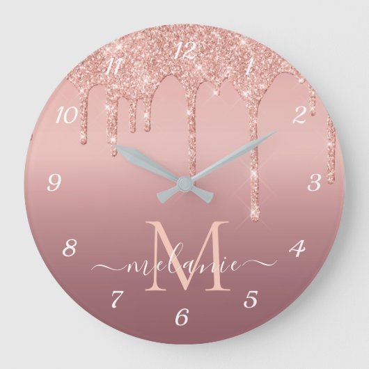 Monogram Naam Tekst Roos Gold Blush Glitter Clock Grote Klok (Voorkant)