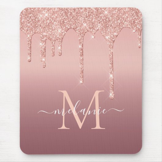 Monogram Naam Tekst Roos Gold Blush Glitter Driver Muismat (Voorkant)