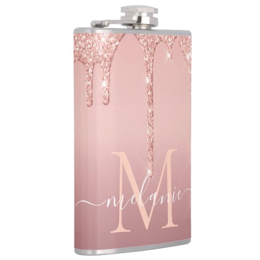 Monogram Naam Tekst Roos Gold Blush Glitter Fles Heupfles (Rechts)