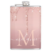 Monogram Naam Tekst Roos Gold Blush Glitter Fles Heupfles (Voorkant)