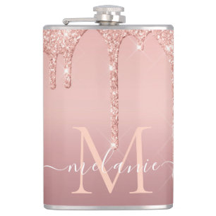 Monogram Naam Tekst Roos Gold Blush Glitter Fles Heupfles