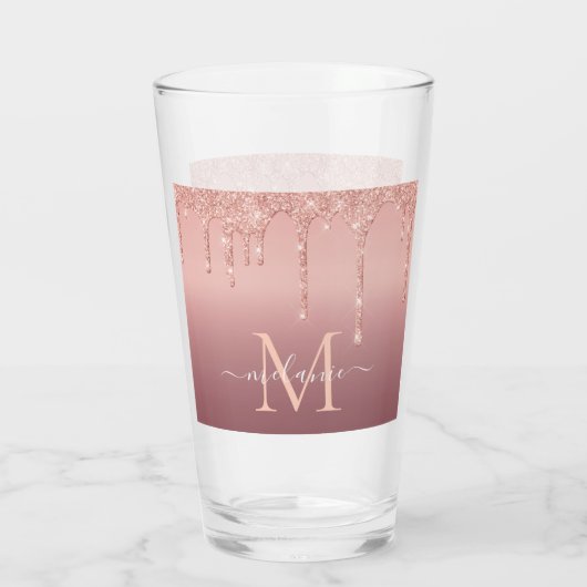 Monogram Naam Tekst Roos Gold Blush Glitter Glass Glas (Achterkant)