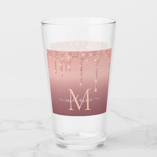 Monogram Naam Tekst Roos Gold Blush Glitter Glass Glas (Voorkant)