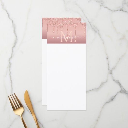 Monogram Naam Tekst Roos Gold Blush Glitter Menu (Voorkant / Achterkant in situ)
