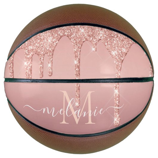 Monogram Naam Tekst Roos Gold Blush Glitter Sparkl Basketbal (Voorkant)