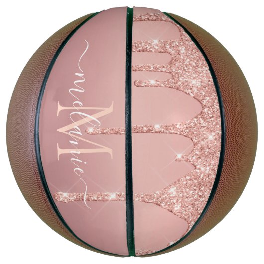 Monogram Naam Tekst Roos Gold Blush Glitter Sparkl Basketbal (Verticaal)