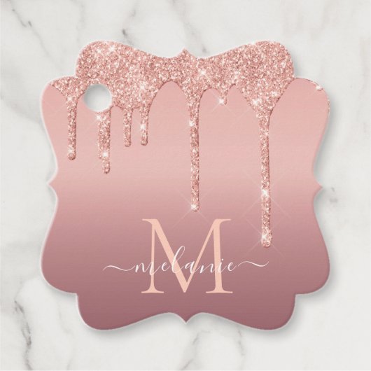 Monogram Naam Tekst Roos Gold Blush Glitter Sparkl Bedankjes Labels (Voorkant)