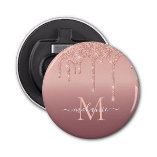 Monogram Naam Tekst Roos Gold Blush Glitter Sparkl Button Flesopener
