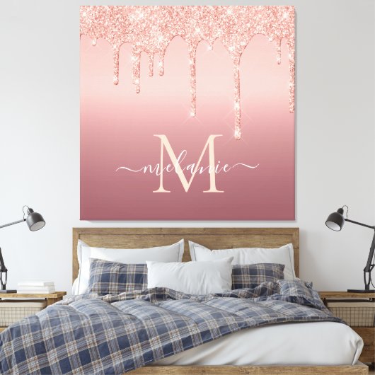 Monogram Naam Tekst Roos Gold Blush Glitter Sparkl Canvas Afdruk (Insitu (Slaapkamer))