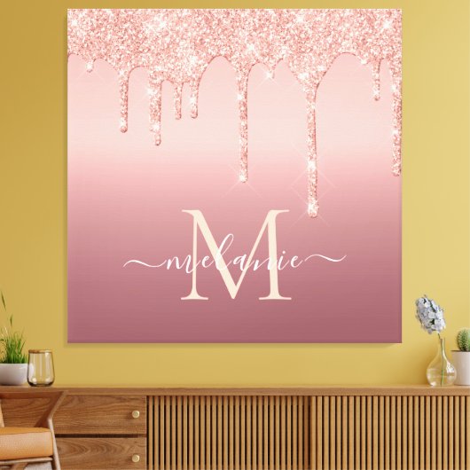 Monogram Naam Tekst Roos Gold Blush Glitter Sparkl Canvas Afdruk (Insitu (Woonkamer))