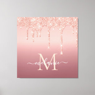 Monogram Naam Tekst Roos Gold Blush Glitter Sparkl Canvas Afdruk