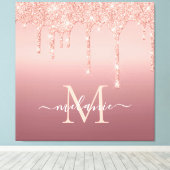 Monogram Naam Tekst Roos Gold Blush Glitter Sparkl Canvas Afdruk (Insitu (Houten vloer))