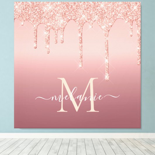 Monogram Naam Tekst Roos Gold Blush Glitter Sparkl Canvas Afdruk (Insitu (Houten vloer))