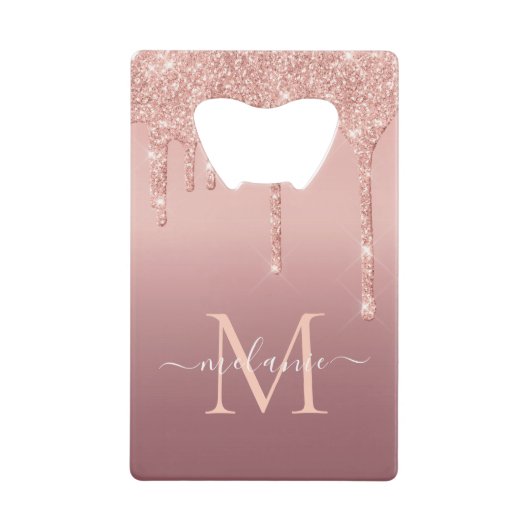 Monogram Naam Tekst Roos Gold Blush Glitter Sparkl Creditkaart Flessenopener (Voorkant)