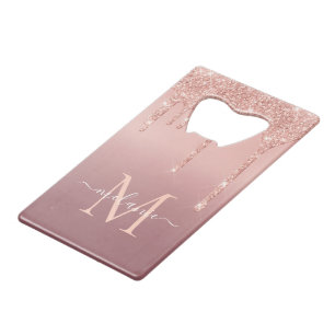 Monogram Naam Tekst Roos Gold Blush Glitter Sparkl Creditkaart Flessenopener
