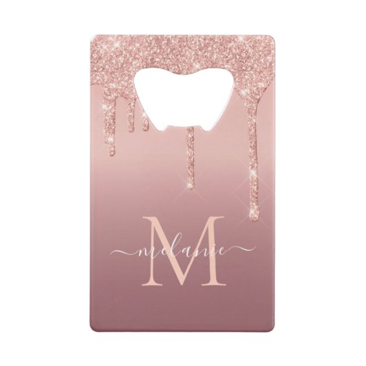 Monogram Naam Tekst Roos Gold Blush Glitter Sparkl Creditkaart Flessenopener (Achterkant)