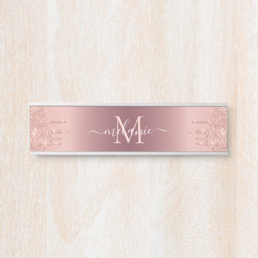 Monogram Naam Tekst Roos Gold Blush Glitter Sparkl Deurbordje (Voorkant)