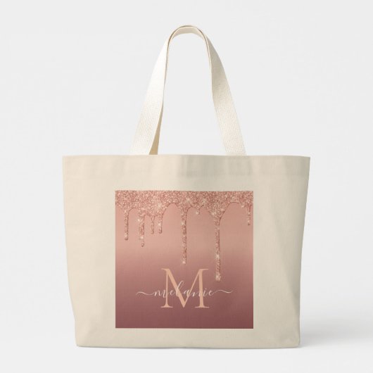 Monogram Naam Tekst Roos Gold Blush Glitter Sparkl Grote Tote Bag (Achterkant)