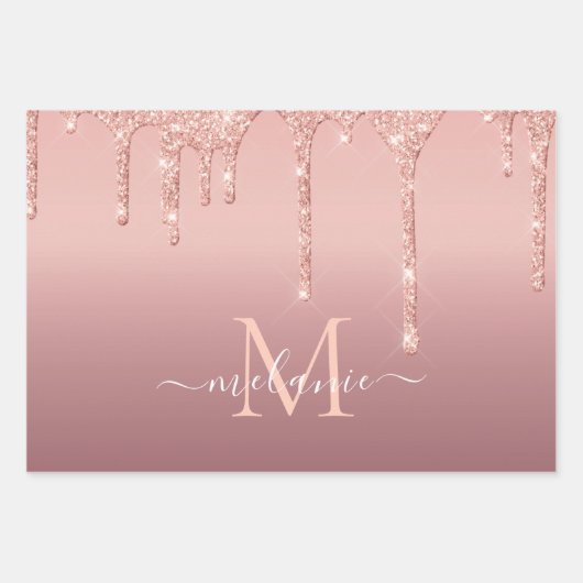 Monogram Naam Tekst Roos Gold Blush Glitter Sparkl Inpakpapier Vel (Voorkant)