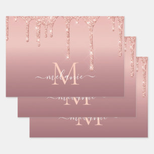 Monogram Naam Tekst Roos Gold Blush Glitter Sparkl Inpakpapier Vel