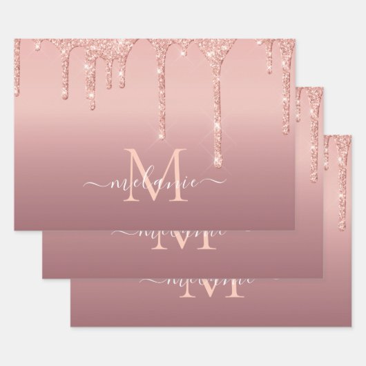 Monogram Naam Tekst Roos Gold Blush Glitter Sparkl Inpakpapier Vel (Set)