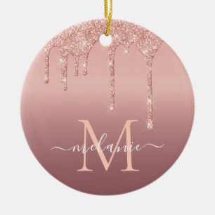 Monogram Naam Tekst Roos Gold Blush Glitter Sparkl Keramisch Ornament