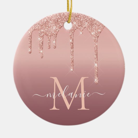 Monogram Naam Tekst Roos Gold Blush Glitter Sparkl Keramisch Ornament (Voorkant)