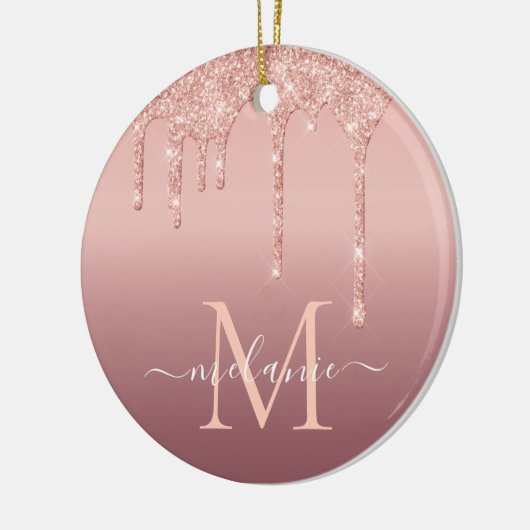 Monogram Naam Tekst Roos Gold Blush Glitter Sparkl Keramisch Ornament (Links)