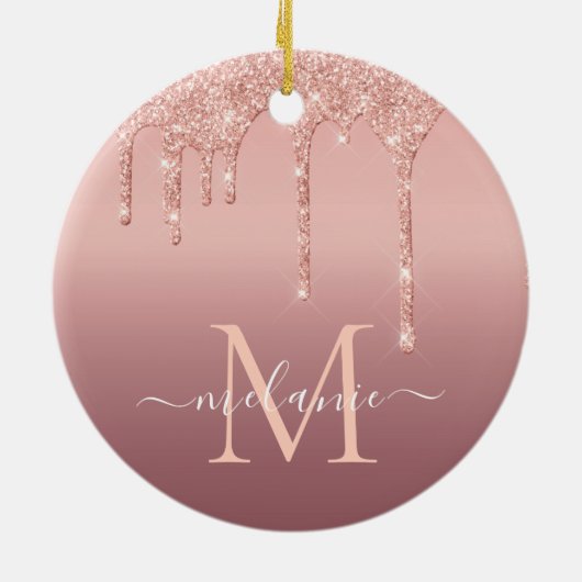 Monogram Naam Tekst Roos Gold Blush Glitter Sparkl Keramisch Ornament (Achterkant)