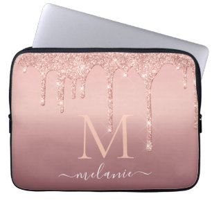 Monogram Naam Tekst Roos Gold Blush Glitter Sparkl Laptop Sleeve