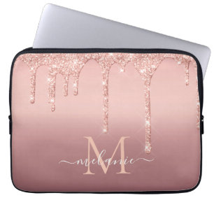 Monogram Naam Tekst Roos Gold Blush Glitter Sparkl Laptop Sleeve