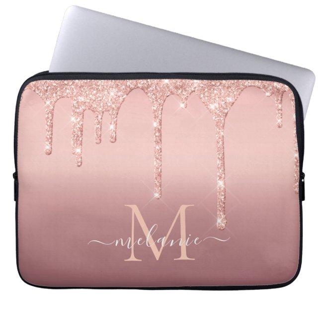 Monogram Naam Tekst Roos Gold Blush Glitter Sparkl Laptop Sleeve (Voorkant)