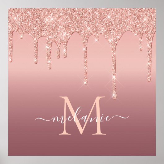 Monogram Naam Tekst Roos Gold Blush Glitter Sparkl Poster (Voorkant)