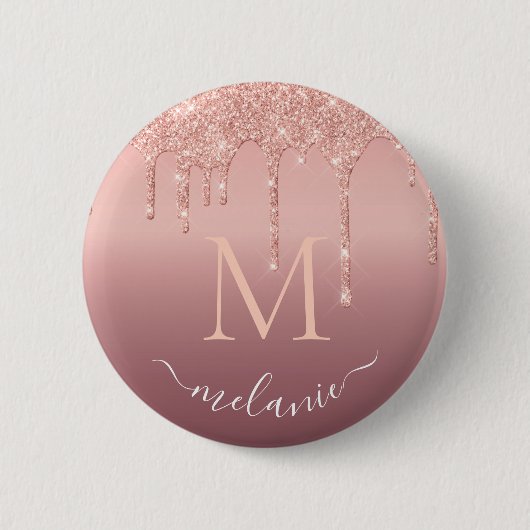 Monogram Naam Tekst Roos Gold Blush Glitter Sparkl Ronde Button 5,7 Cm (Voorkant)