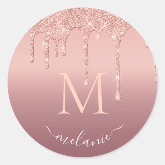 Monogram Naam Tekst Roos Gold Blush Glitter Sparkl Ronde Sticker (Voorkant)