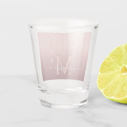 Monogram Naam Tekst Roos Gold Blush Glitter Sparkl Shot Glas (Achterkant)