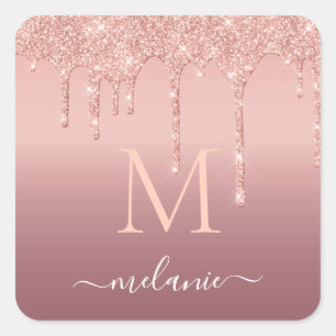 Monogram Naam Tekst Roos Gold Blush Glitter Sparkl Vierkante Sticker