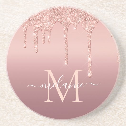 Monogram Naam Tekst Roos Gold Blush Glitter Sparkl Zandsteen Onderzetter (Voorkant)