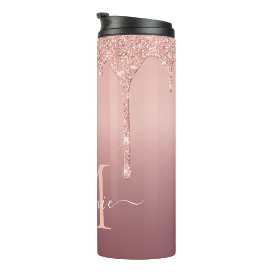 Monogram Naam Tekst Roos Gold Blush Glitter Thermosbeker (Geroteerd rechts)