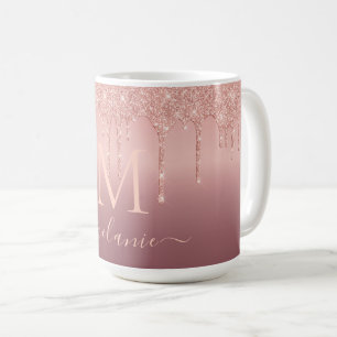 Monogram Naam Tekst Roos Gouden Glitter Koffie Mok
