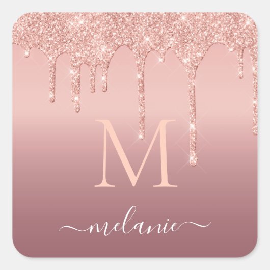 Monogram naam tekst roze goud blozen glitter glans vierkante sticker (Voorkant)