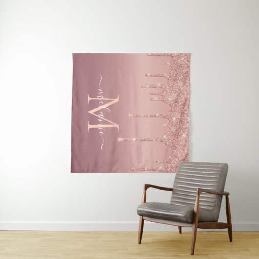 Monogram naam tekst roze goud blush glitter glans wandkleed (In Situ (horizontaal))