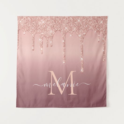 Monogram naam tekst roze goud roze glitter glans wandkleed (Voorkant)