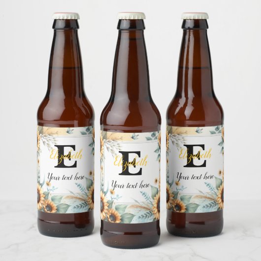 Monogram naam tekst zonnebloemen waterverf modern bier etiket (Flessen)