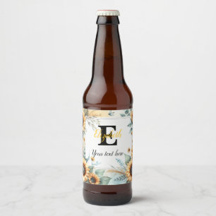 Monogram naam tekst zonnebloemen waterverf modern bier etiket
