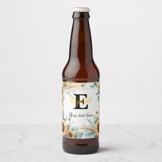 Monogram naam tekst zonnebloemen waterverf modern bier etiket (Voorkant)