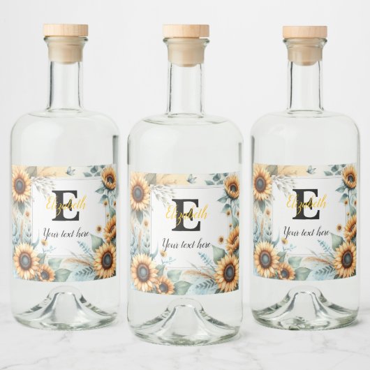 Monogram naam tekst zonnebloemen waterverf modern likeurfles etiket (Flessen)