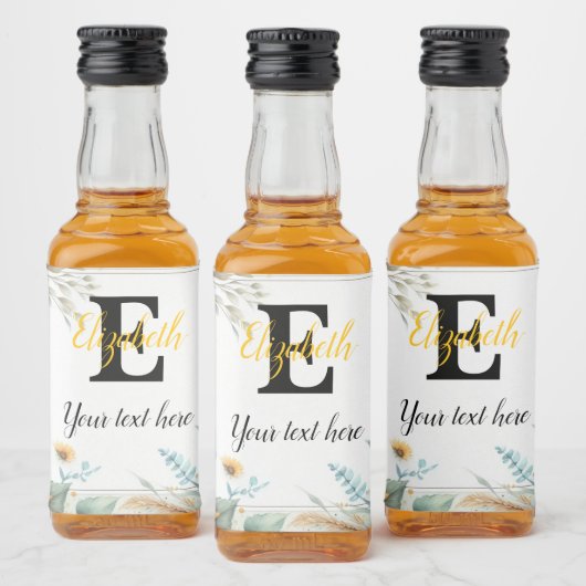 Monogram naam tekst zonnebloemen waterverf modern likeurfles etiket (Flessen)