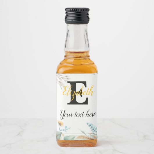 Monogram naam tekst zonnebloemen waterverf modern likeurfles etiket (Voorkant)