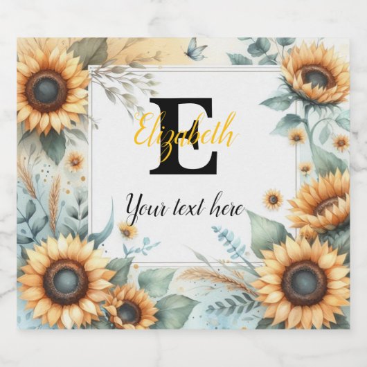 Monogram naam tekst zonnebloemen waterverf modern sparkling wijnetiket (Enkel label)